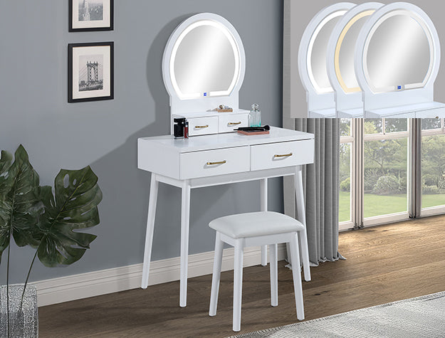 white and silver dressing table 43" Mirrored Dressing Table Set with Tri-Fold Mirror & Stool, Silver - Bed Bath & Beyond