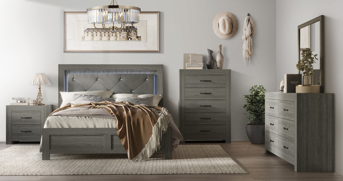 Best Quality Furniture Light Gray Wood 5 Pc Bedroom Set with King Panel Bed Best Quality Furniture Light Gray Wood 5 Pc Bedroom Set with King Panel Bed